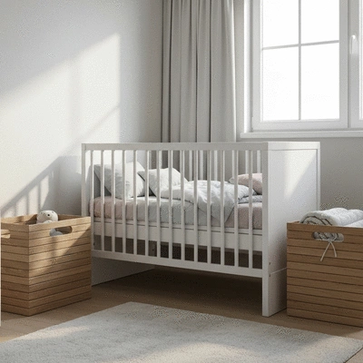 Modern nursery with a clean white cot bed, soft bedding, and storage baskets, natural light