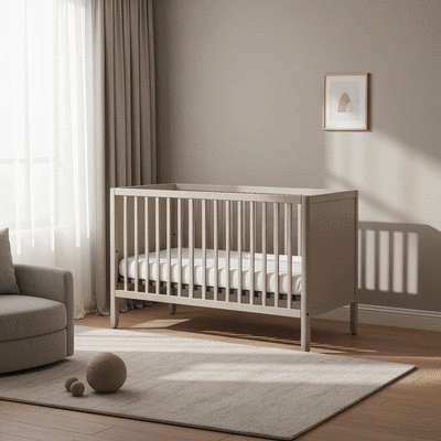 Modern cot bed in a neutral nursery with soft lighting, no text, no words, no typography, 8K