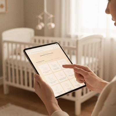 Parent researching baby product certifications on a tablet, with a baby cot in the background, no text, no words, no typography, no labels, clean image