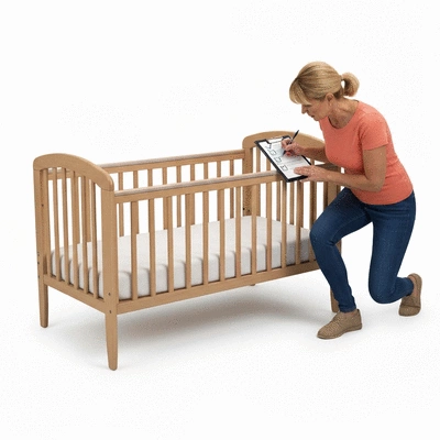 Parent using a checklist to inspect a second-hand cot bed