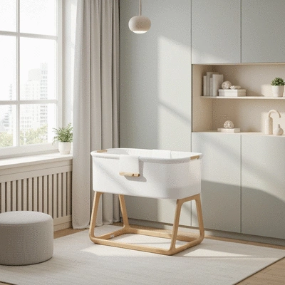 Modern compact bassinet in a small, stylish apartment nursery