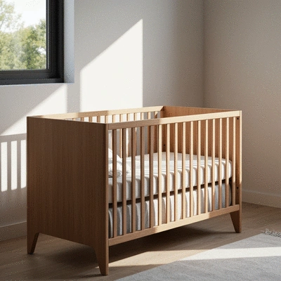 Modern baby crib in a minimalist nursery, soft lighting