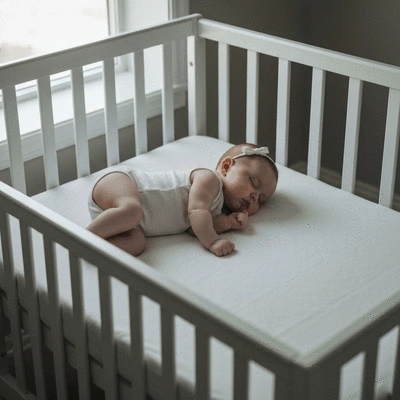 Close-up of baby sleeping peacefully in a safe crib with firm mattress and fitted sheet