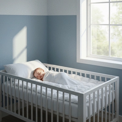 Baby sleeping peacefully in a cot with a low-VOC mattress, sunlight streaming in, soft colors, no text, no words, no typography, no labels, clean image