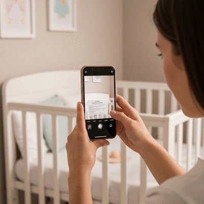 A parent taking a clear photo of a cot bed safety label, with a smartphone, in a well-lit nursery, no text, no words, no typography, clean image