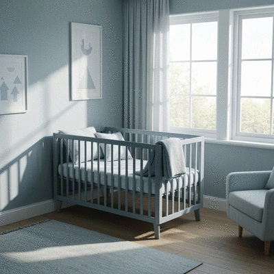 Modern compact crib in a neatly organized small nursery room