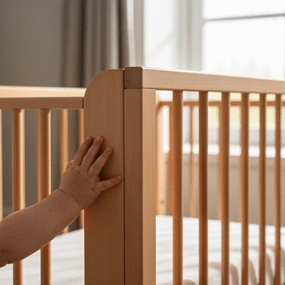 Close-up of a baby's hand gently touching the side of a safe, certified wooden cot bed, soft lighting, focus on safety and comfort