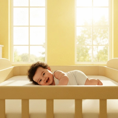 Baby rolling over in a spacious cot bed
