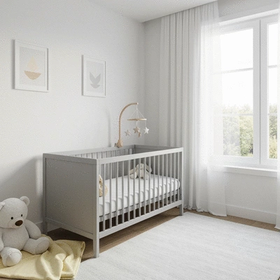 Modern nursery with a minimalist cot bed, soft lighting, and baby toys