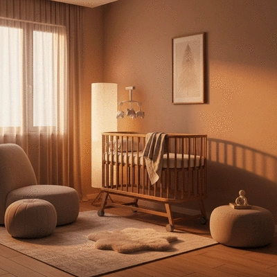 Cozy nursery with a bassinet and soft lighting, warm tones