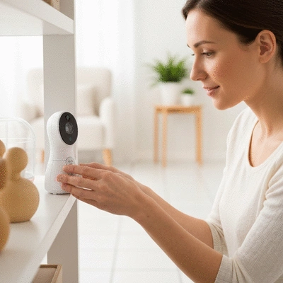Parent pointing at a checklist for crib mattress features, with a baby in a crib in the background