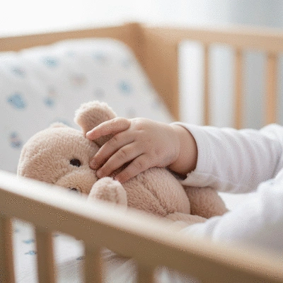 Close-up of a baby's hand holding a soft toy in a cot bed