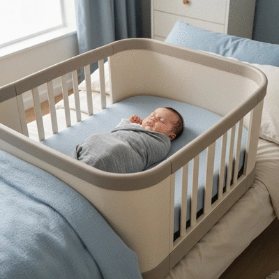 Co-sleeping crib attached to parent's bed, baby sleeping soundly