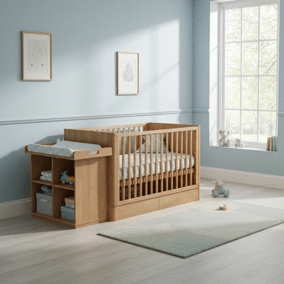 Modern cot bed with built-in storage and changing station