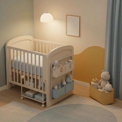Nursery room with an organized cot bed and essential accessories