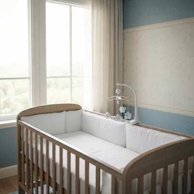 Clean and safe baby crib with soft bedding in a well-ventilated nursery