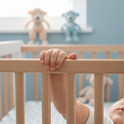 Close-up of a baby's hand gripping a cot bed bar, illustrating safety