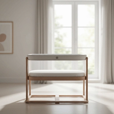 Modern bassinet with breathable mesh sides in a minimalist nursery