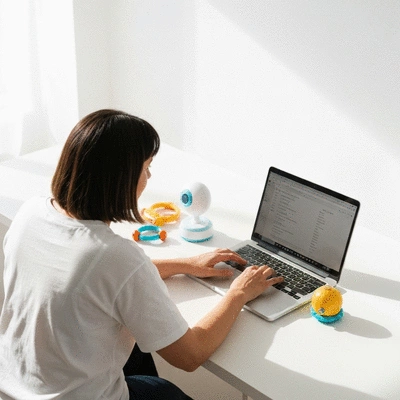 Parent browsing cot beds on a laptop, with a baby monitor and toys nearby