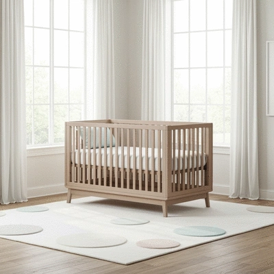 Modern convertible crib transforming into a toddler bed in a brightly lit nursery