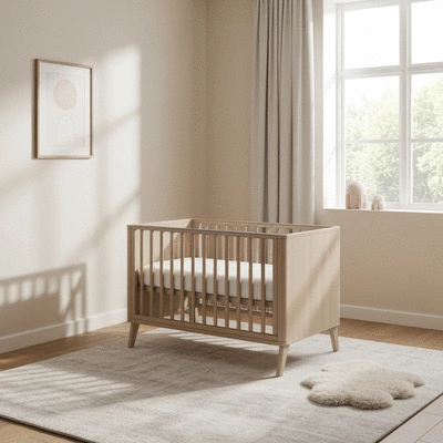 Modern baby cot bed with adjustable mattress height in a neutral nursery
