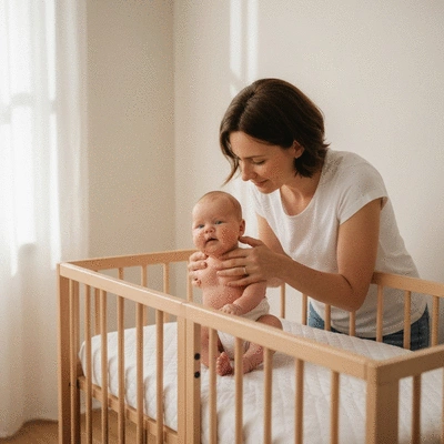 Parent gently placing baby into a safe and comfortable crib
