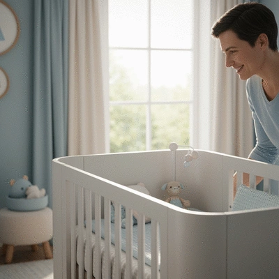 Parent happily looking at a budget-friendly but stylish crib in a modern nursery