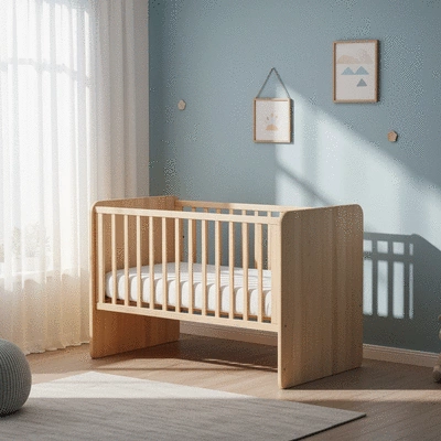Eco-friendly cot bed made of light wood in a sunlit nursery