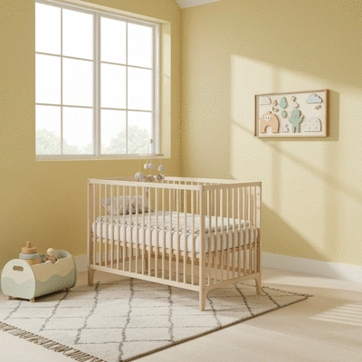 Eco-friendly nursery with a convertible crib made from sustainable wood, natural light