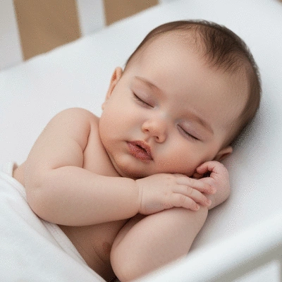 Happy baby sleeping peacefully in a safe and comfortable crib