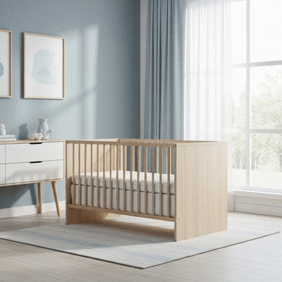 Modern baby crib in a minimalist nursery, soft lighting