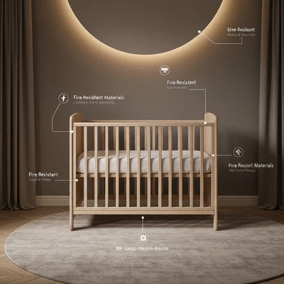 Safe nursery room with baby cot, no text, no words, no typography