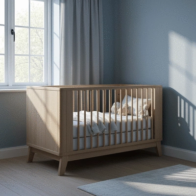 Modern compact cot bed in a small, cozy nursery with soft lighting