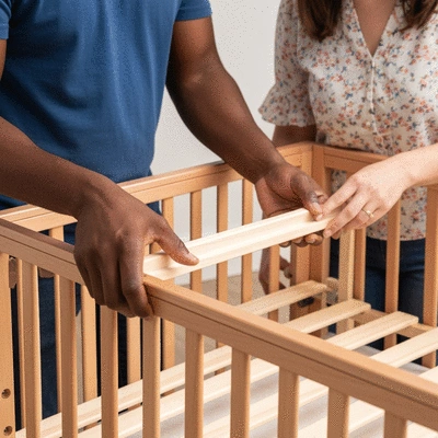 Close-up of a parent's hands assembling a cot bed, showing focus on quality and safety