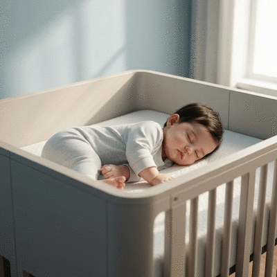 Happy baby sleeping soundly in a cot bed