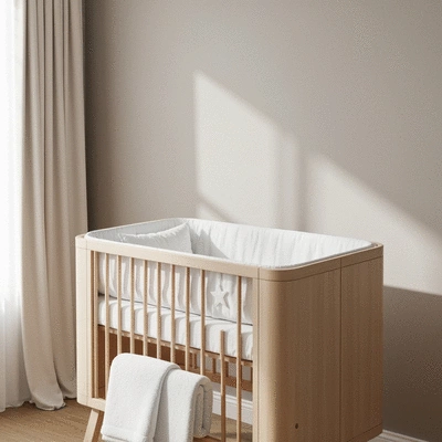 Modern baby bassinet in a minimalist nursery, soft natural light