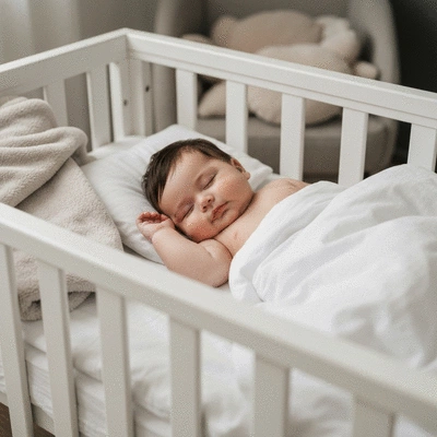 Happy baby sleeping peacefully in a safe, affordable crib