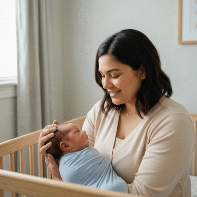 Mother and baby interacting in a safe, modern nursery with a cot bed in the background, warm lighting, no text, no words, no typography, clean image