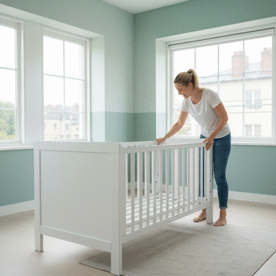 Happy parent assembling a cot bed in a bright nursery