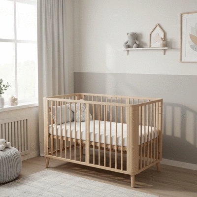 Modern baby crib in a cozy nursery room