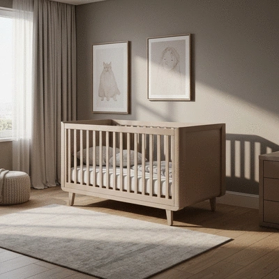 Modern convertible cot bed in a nursery, transforming from crib to toddler bed
