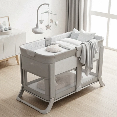 Multi-functional bassinet converting into a playpen in a bright room