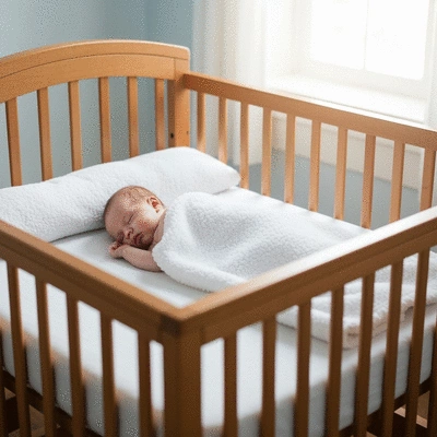 Baby sleeping peacefully in a cot with a firm, flat mattress, soft lighting, no clutter