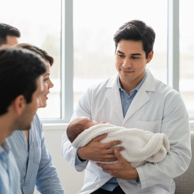 Pediatrician talking to new parents about safe sleep for baby