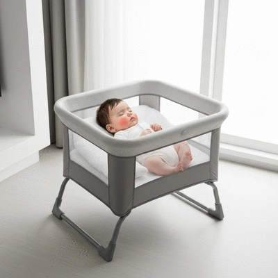 Lightweight portable bassinet set up in a modern hotel room, baby sleeping peacefully