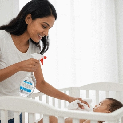 Parent cleaning a baby crib with gentle, non-toxic products