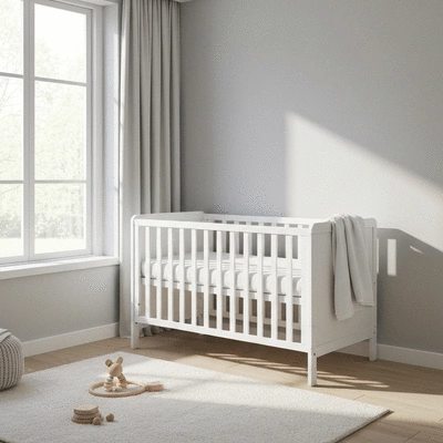 Stylish modern nursery with a convertible crib and soft lighting