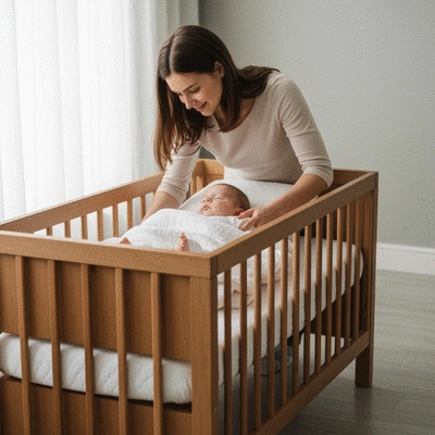 Parent gently placing a baby in a stylish, safe cot bed, conveying comfort and care, no text, no words, no typography, 8K