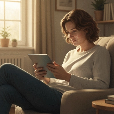 Parent reading user reviews on a tablet about baby cot beds