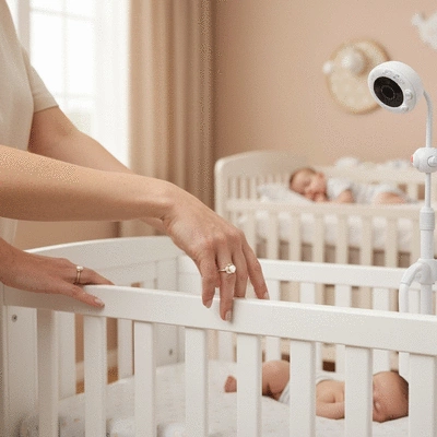 Parent checking a baby cot bed for safety certifications, a baby monitor in the background, warm, secure nursery setting